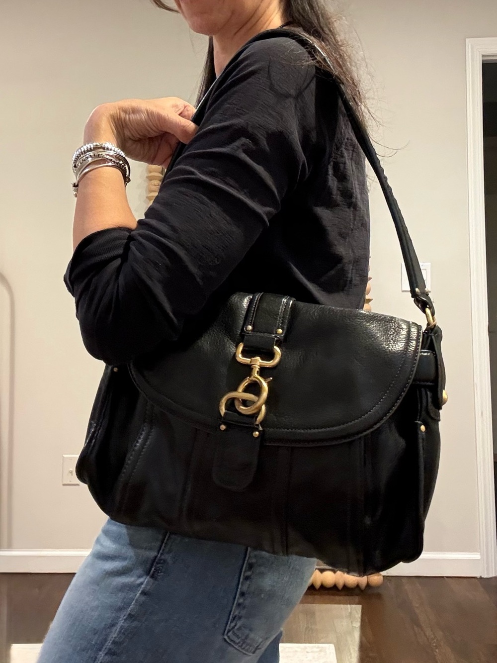 Liz Claiborne Vintage Black Leather Shoulder Bag Gold Hardware